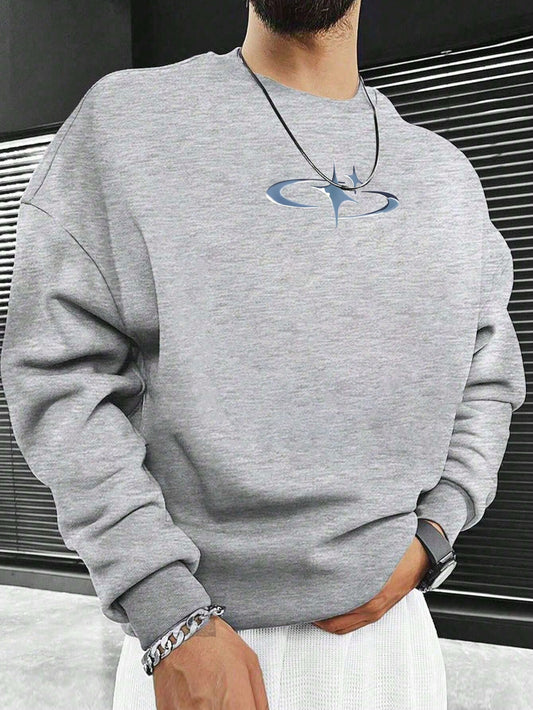Men's Casual Star Print Long Sleeve Sweatshirt with Dropped Shoulders, Ideal for Autumn/Winter Wear